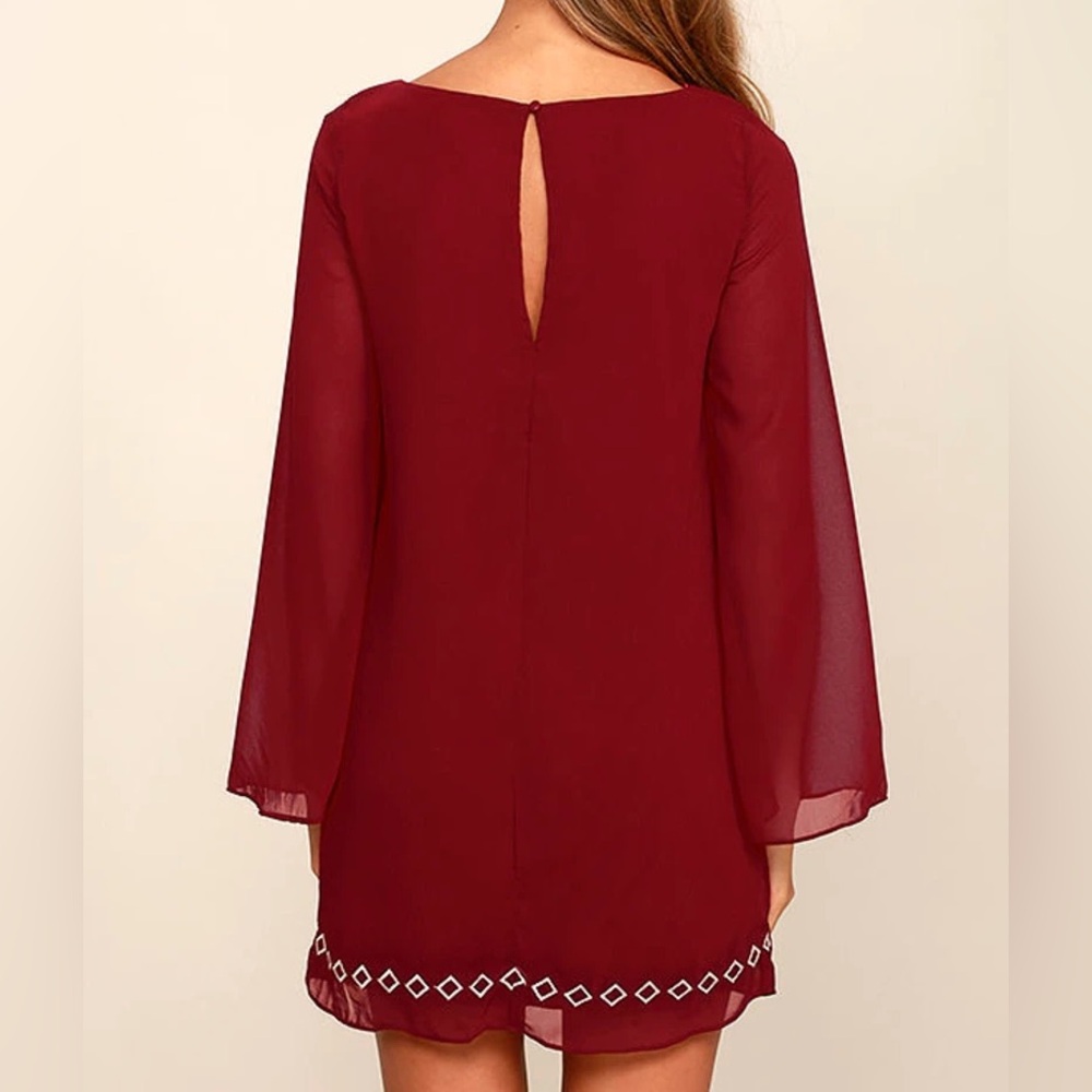 Lulus Well Traveled Wine Red Embroidered Shift Dress - Picture 2 of 8